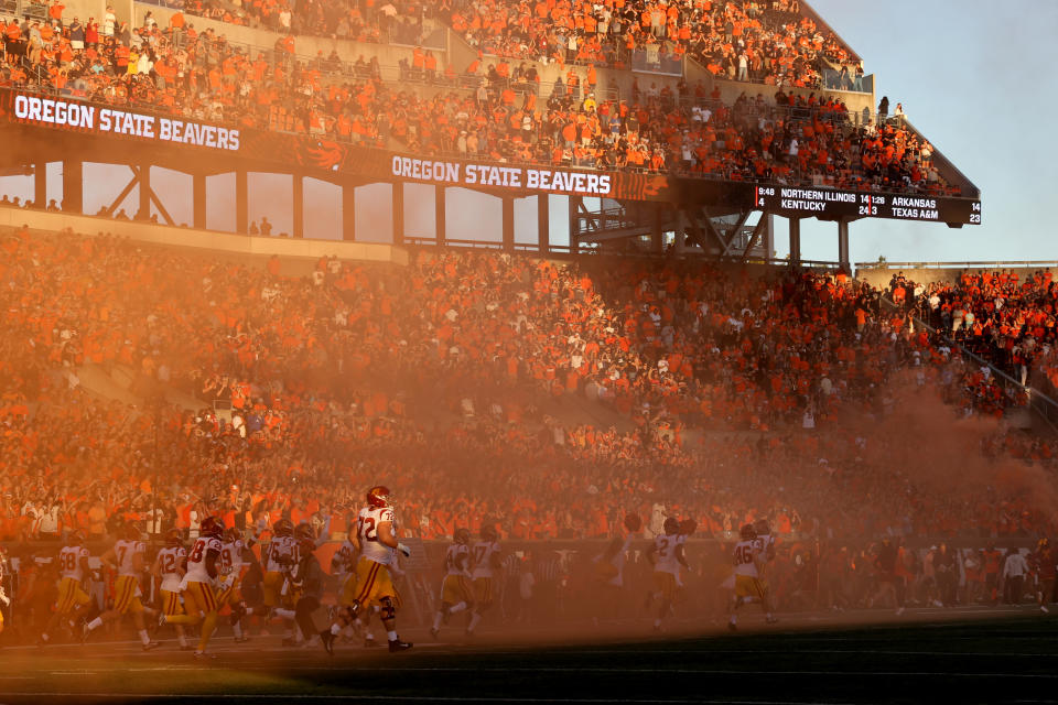 Sep 24, 2022; Corvallis, Oregon, USA; USC Trojans run onto the field at Reser Stadium to play against the Oregon State Beavers. Mandatory Credit: Jaime Valdez-USA TODAY Sports