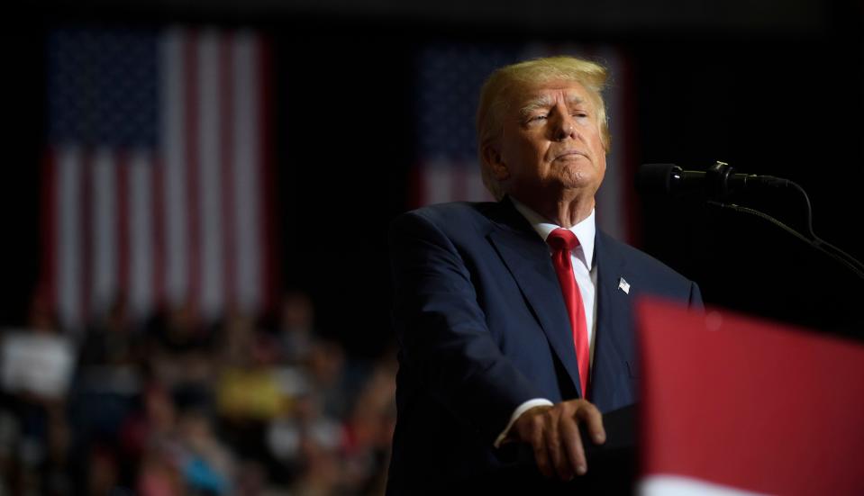 Former President Donald Trump speaks at a Save America Rally to support Republican candidates running for state and federal offices in the state at the Covelli Centre on September 17, 2022 in Youngstown, Ohio. Republican Senate Candidate JD Vance and Rep. Jim Jordan (R-OH) spoke to supporters along with former President Trump.