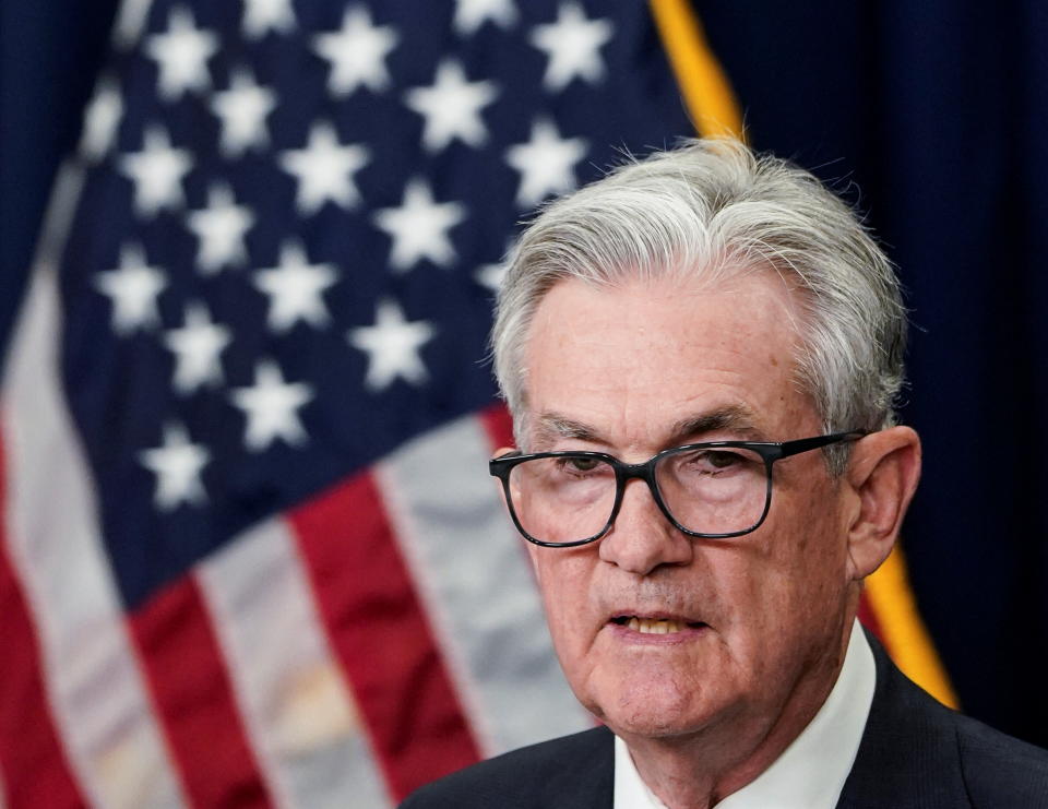 U.S. Federal Reserve Board Chairman Jerome Powell faces reporters after the Federal Reserve raised its target interest rate by three-quarters of a percentage point to stem a disruptive surge in inflation, during a news conference following a two-day meeting of the Federal Open Market Committee (FOMC) in Washington, U.S., June 15, 2022. REUTERS/Elizabeth Frantz