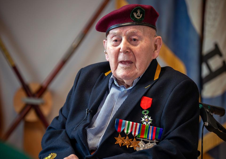 D-Day Veteran Peter Belcher at Broughton House in Salford, ahead of the 80th anniversary of D-Day. Mr Belcher, now 100, and his colleagues from the Airborne Regiment, 4th Battalion Oxfordshire and Buckinghamshire Light Infantry were flown in on gliders to capture vital bridges ahead of the seaborne invasion on D-Day. He was part of the glider force that took part in Operation Deadstick - the capture of Pegasus Bridge. Picture date: Tuesday March 26, 2024.