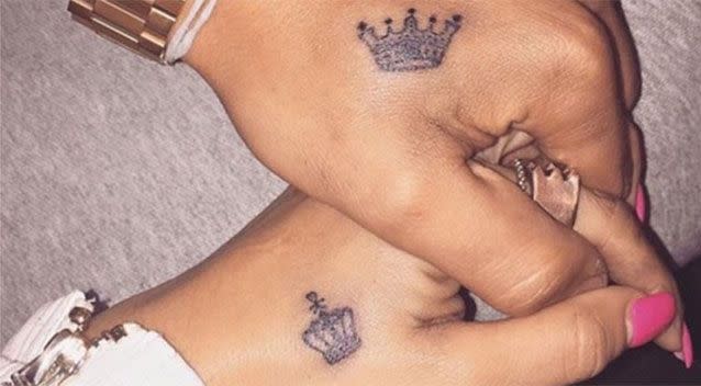 Kat and her partner have got matched tattoos of crowns ahead of their forthcoming nuptials. Photo: