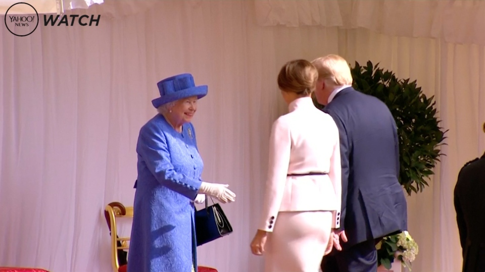 <p>President Donald Trump and wife Melania met Queen Elizabeth for the first time amid protests in London. </p>