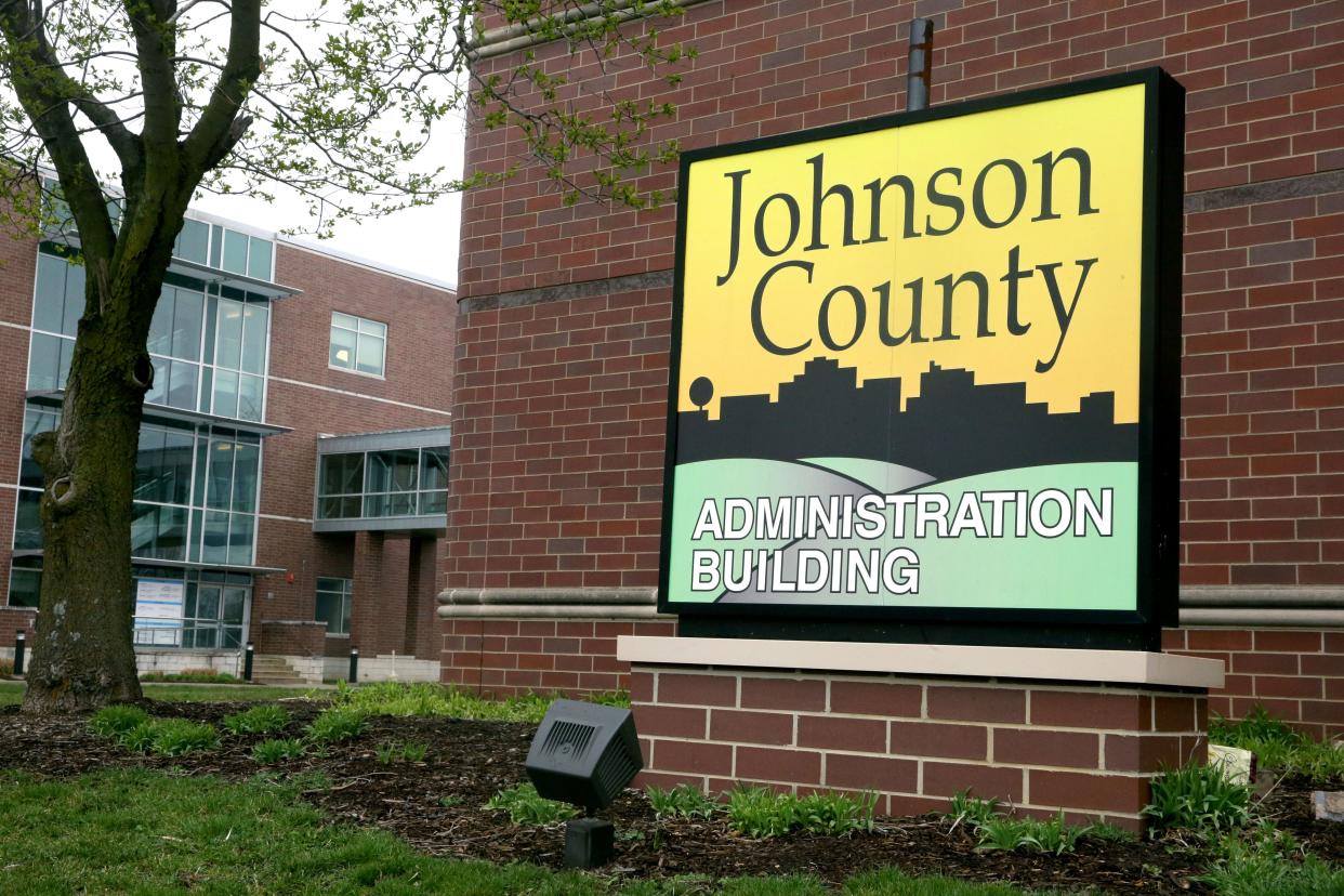 The Johnson County Administration Building sign is pictured Monday, April 1, 2024 in Iowa City, Iowa.