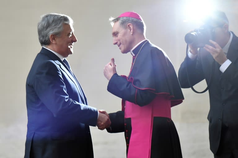 EU Parliament’s president Antonio Tajani (L) is welcomed by the prefect of the papal household Georg Gaenswein on March 24, 2017 in Vatican