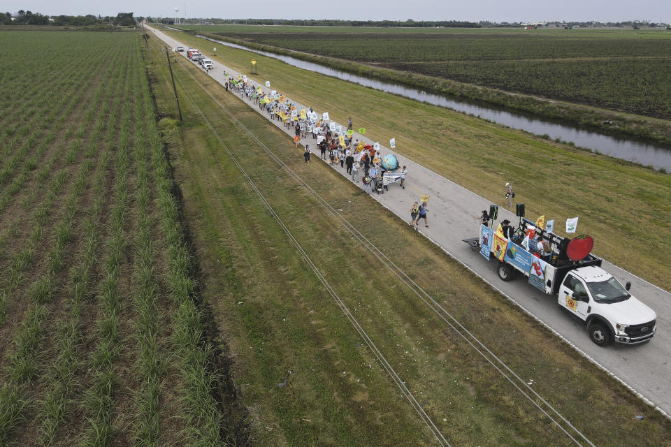 In this photo taken with a drone, farmworkers and allies march through agricultural land on the first day of a five-day trek aimed at highlighting the Fair Food Program, which has enlisted food retailers to use their clout with growers to ensure better working conditions and wages for farmworkers, Tuesday, March 14, 2023, in Pahokee, Fla. (AP Photo/Rebecca Blackwell)