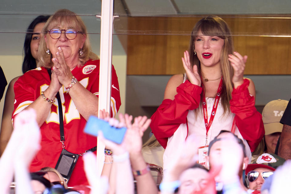 Taylor Swift with Mama Kelce at Sunday's Chiefs-Bears game. (Cooper Neill/Getty Images)