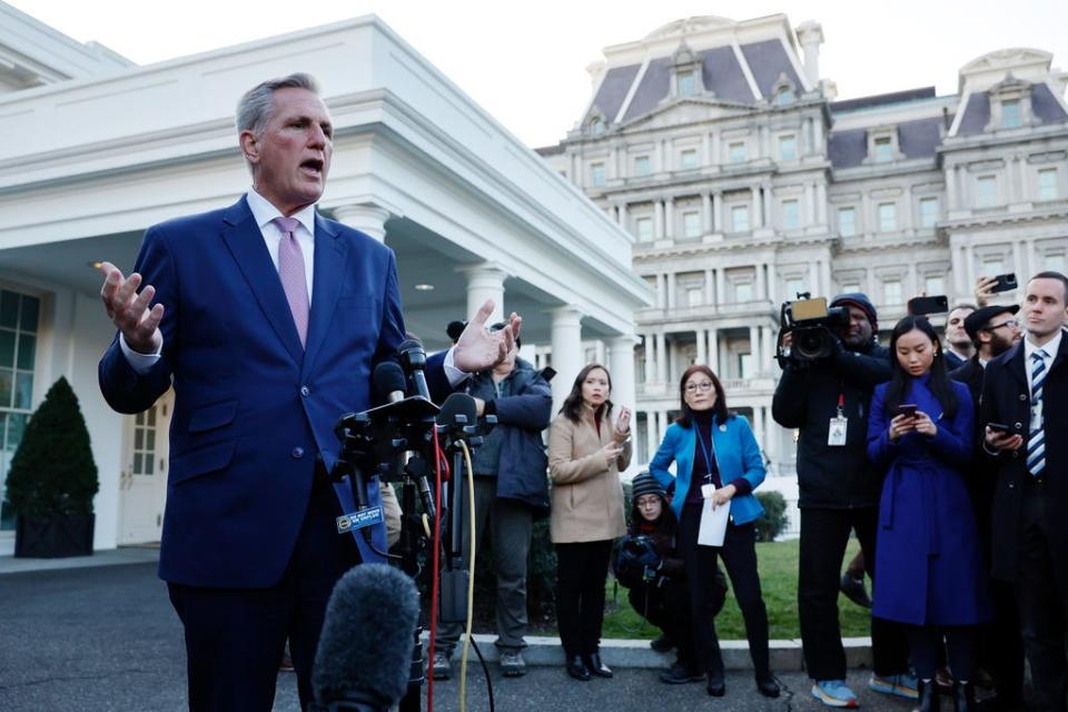 Speaker of the House Kevin McCarthy, R-Calif., talks to reporters after meeting with U.S. President Joe Biden at the White House February 01, 2023 in Washington, DC.