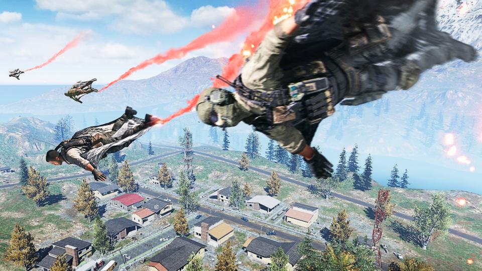  COD Mobile players parachute to a battlefield below 