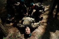 Territorial soldiers practise first aid during their training for Poland's Territorial Defence Forces near a shooting range near Siedlce, Poland, April 21, 2018. REUTERS/Kacper Pempel/Files