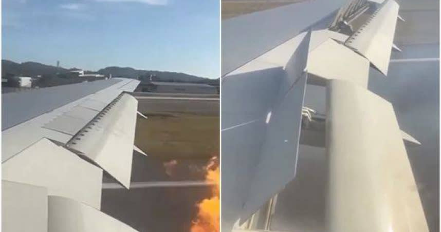 飛機爆出一聲巨響之後，右側引擎爆出橘黃色火光 。（圖／翻攝自推特）