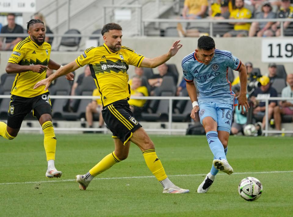 August 17, 2024; Columbus, Ohio, USA; 
New York City FC forward Alonso Martínez (16) scores just seconds into the first half of a Leagues Cup quarterfinal match against the Columbus Crew at Lower.com Field.