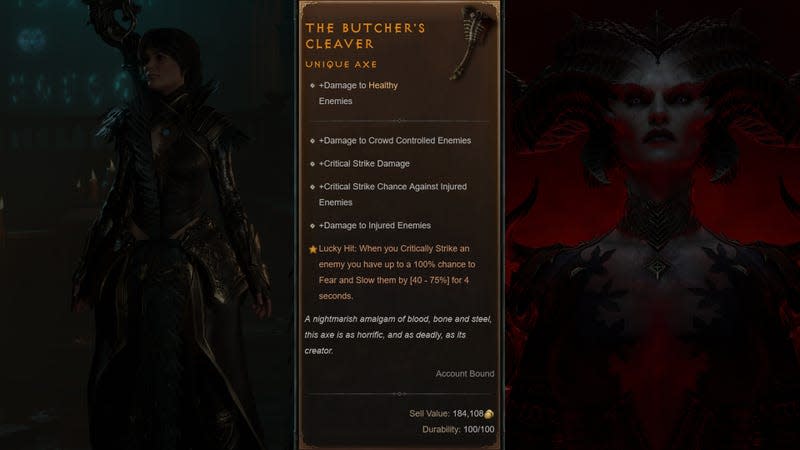 A composite image shows stats for the Butchers Cleaver.