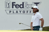 Tommy Fleetwood watches his chip shot on the 16th hole during the second round of the St. Jude Championship golf tournament Friday, Aug. 11, 2023, in Memphis, Tenn. (AP Photo/George Walker IV)
