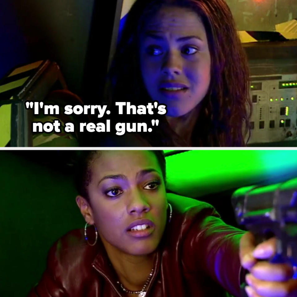 Two images show characters from Doctor Who, top: Rose Tyler saying "I'm sorry. That's not a real gun," bottom: Martha Jones holding a futuristic gun