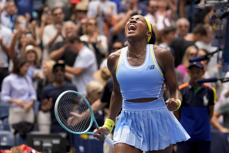 Coco Gauff, of the United States, reacts after defeating Elina Svitolina, of Ukraine, during the third round of the U.S. Open tennis championships, Friday, Aug. 30, 2024, in New York. (AP Photo/Seth Wenig)