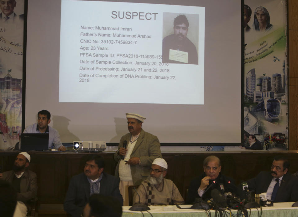 FILE - In this Jan. 23, 2018, file photo, Chief Minister of Pakistan's Punjab province Shahbaz Sharif, second from right, addresses a news conference with Mohammed Amin Ansari, third from right, father of 7-year-old Zainab Ansari, who was raped and killed, in Lahore, Pakistan. Mohammad Imran, a serial killer of eight children, was executed at a Pakistani prison Wednesday morning, Oct. 17, 2018, after the country's top court rejected a request for his public hanging, officials said. Zainab's father Mohammed Amin Ansari was specially allowed to witness the execution. (AP Photo/K.M. Chaudary, File)