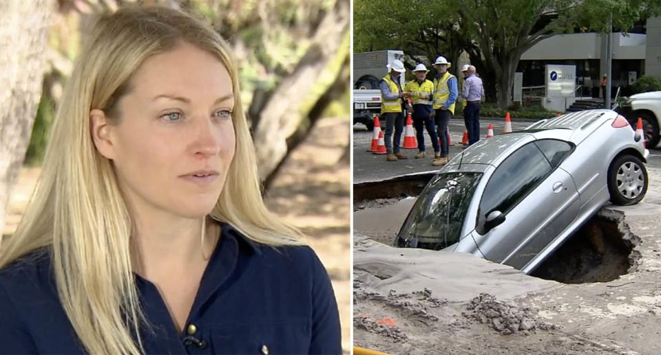 A silver Peugeot sits nose-first inside a deep sinkhole on the Gold Coast. 