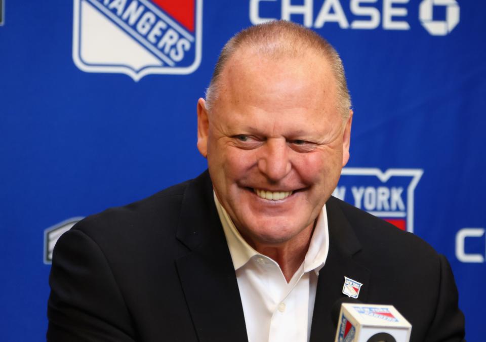 NEW YORK, NEW YORK - APRIL 26: Head coach Gerard Gallant of the New York Rangers speaks with the media prior to the game against the Carolina Hurricanes at Madison Square Garden on April 26, 2022 in New York City. (Photo by Bruce Bennett/Getty Images)