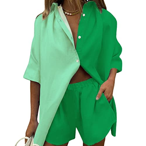 Fixmatti Women's Two Piece Colorblock Outfits Set Button Down Shirt and Shorts Set 2 Pieces Green S