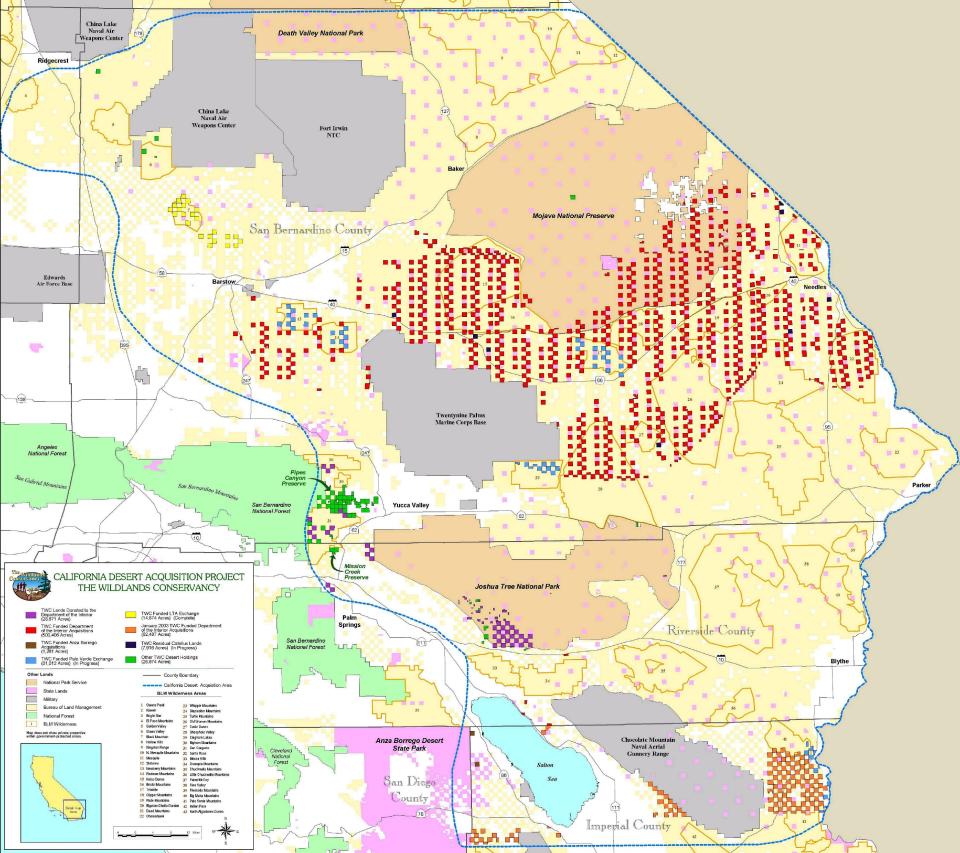 By 2003, the Wildlands Conservancy acquired over half a million acres of desert land from Catellus Development Corporation, much of it “checkerboarded” decades before.