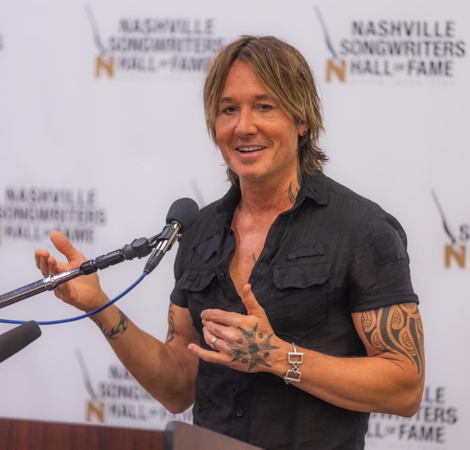 Keith Urban speaks during an event announcing that he will become one of the newest members of the Nashville Songwriters Hall of Fame on Aug. 3, 2023.