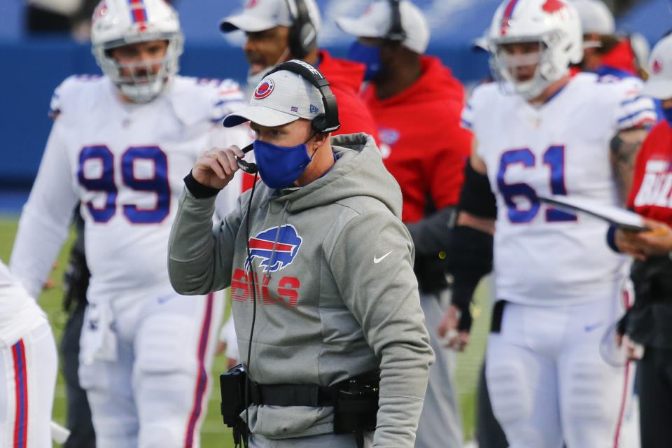 Buffalo Bills head coach Sean McDermott works the sideline during the second half of an NFL football game against the Los Angeles Chargers, Sunday, Nov. 29, 2020, in Orchard Park, N.Y. (AP Photo/Jeffrey T. Barnes)