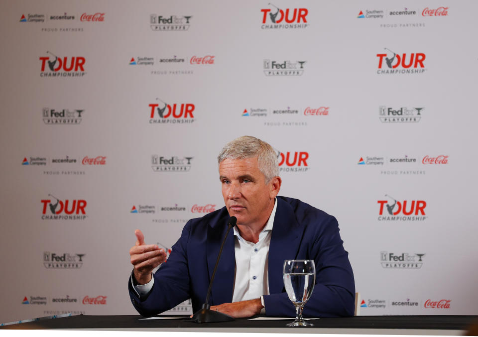 PGA Tour commissioner Jay Monahan said Tuesday that as long as they are invited and embraced by the community, the Tour will return to Maui in January after the deadly wildfires there this month. (Kevin C. Cox/Getty Images)