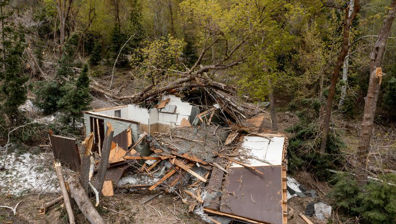 A building that was flattened by an avalanche at Tanners Flat Campground in Little Cottonwood Canyon in Salt Lake County is pictured on Thursday, June 1, 2023.