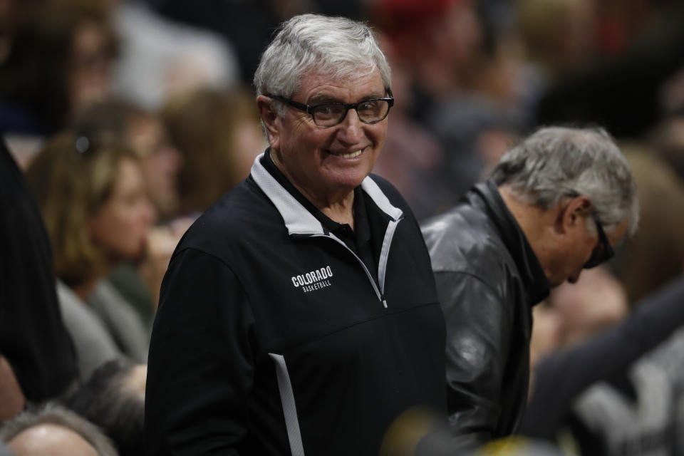 FILE - Retired Colorado head football coach Bill McCartney watches in the second half of an NCAA college basketball game Saturday, March 9, 2019, in Boulder, Colo. The current football players at Nebraska and Colorado weren't alive when the rivalry between the schools was in its heyday. For going on 40 years, though, the rivalry that retired CU coach Bill McCartney talked into existence has been a theme — even though they moved to different conferences more than a decade ago. (AP Photo/David Zalubowski, File)