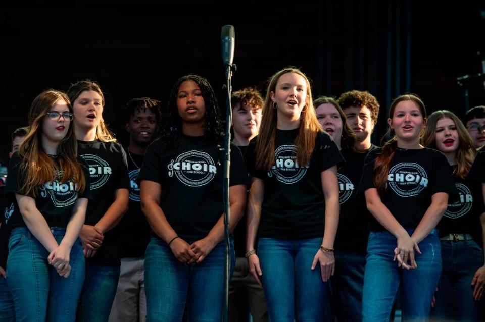 The Resurrection High School choir performs during a ribbon cutting ceremony at The Sound Amphitheater in Gautier prior to KC and The Sunshine Band’s performance on Friday, April 12, 2024. Hannah Ruhoff/Sun Herald