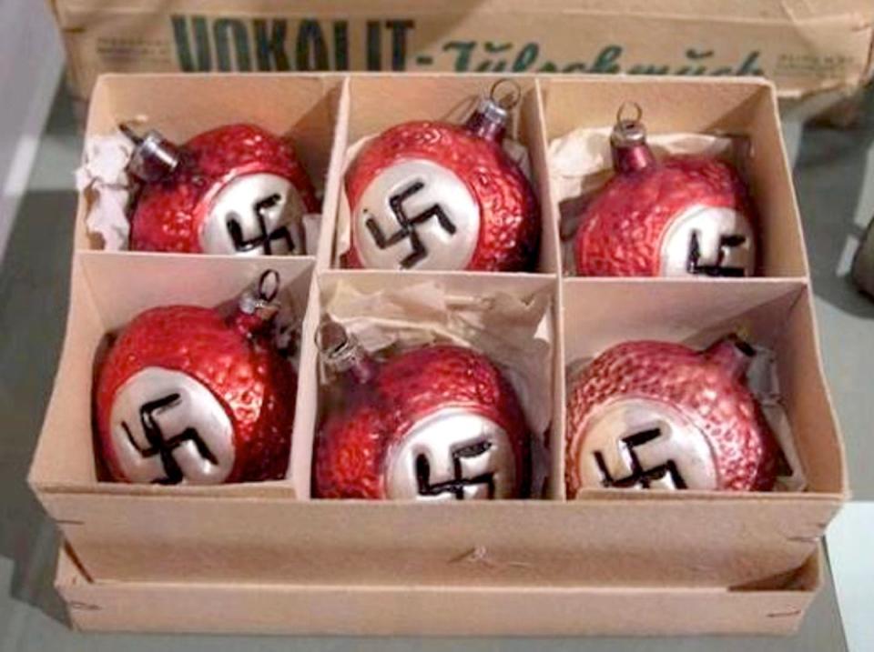 <span class="caption">Christmas tree bulbs featuring the swastika were only one of a number of ways that Christmas became Nazified.</span> <span class="attribution"><span class="license">Author provided</span></span>