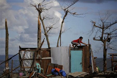 A man repairs his house, which was damaged by Typhoon Haiyan, at a coastal area south of Tacloban November 16, 2013. Survivors began rebuilding homes destroyed by Haiyan, one of the world's most powerful typhoons, and emergency supplies flowed into ravaged Philippine islands, as the United Nations more than doubled its estimate of people made homeless to nearly two million. REUTERS/Damir Sagolj