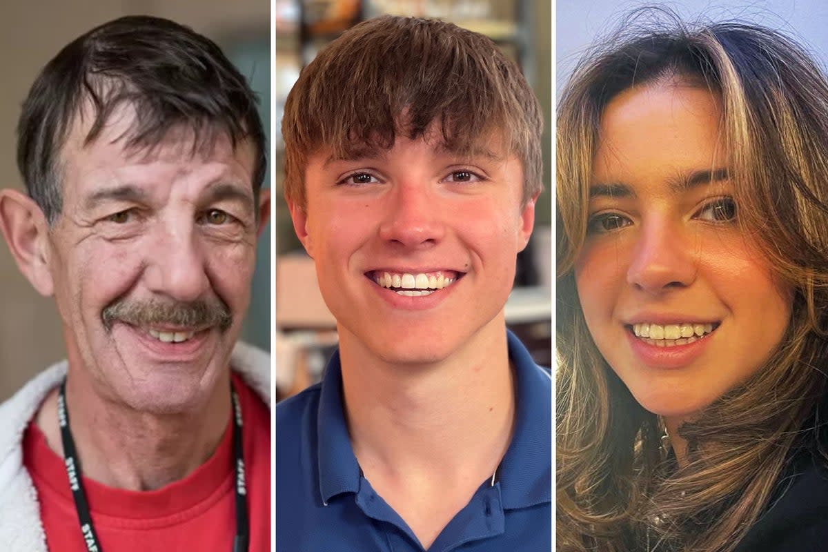 Students Barnaby Webber (centre) and Grace O’Malley-Kumar (right), both aged 19, and school caretaker Ian Coates, 65 (PA)