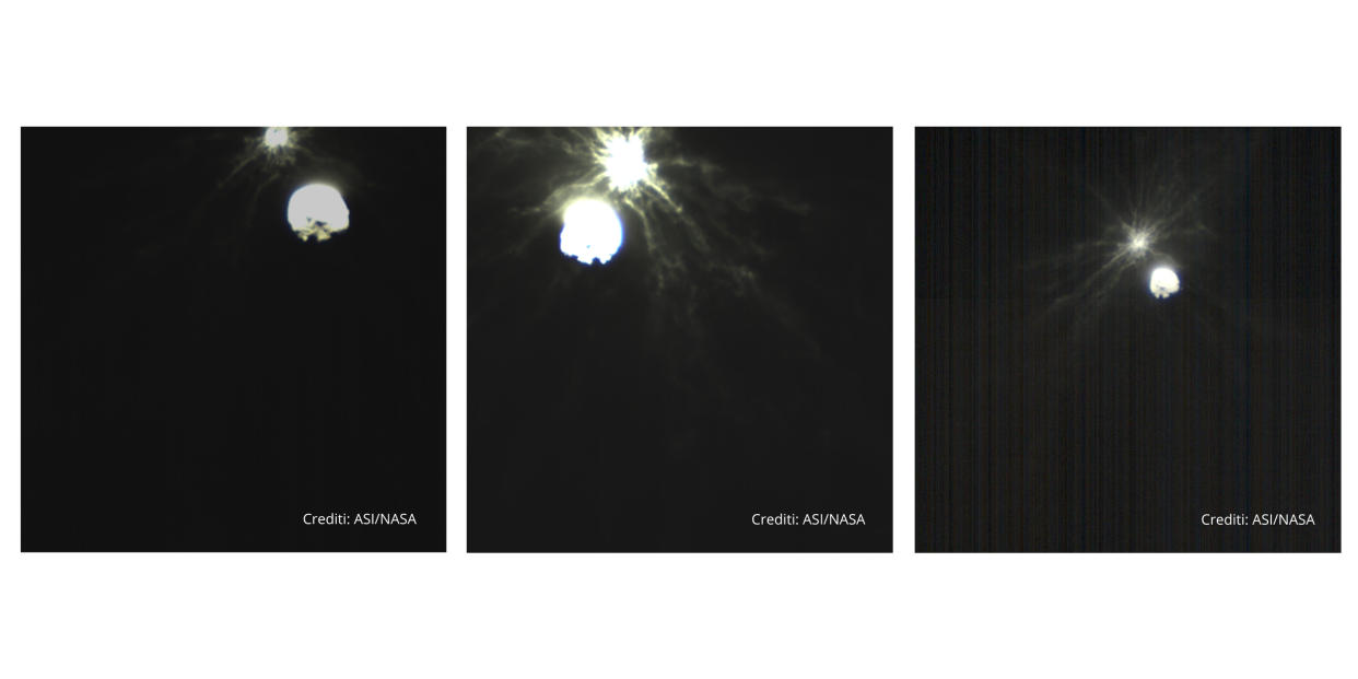 After impact, LICIACube flew within 35 miles of the asteroid Dimorphos to survey the collision's aftermath. (ASI / NASA)