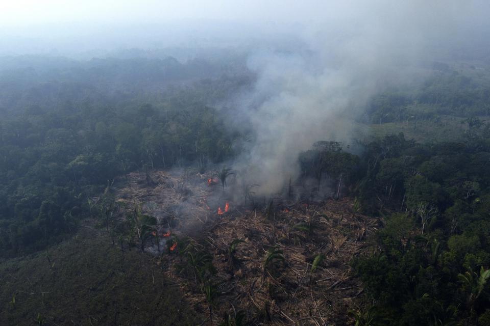 FILE - A forest burns in the Amazon in the municipality of Manaquiri in Brazil's Amazonas state, Sept. 6, 2023. Leaders from countries with large, forest-rich river basins are meeting in the Republic of Congo on Thursday, Oct. 26, to work together to protect the world's tropical forests from deforestation and destruction. (AP Photo/Edmar Barros, File)