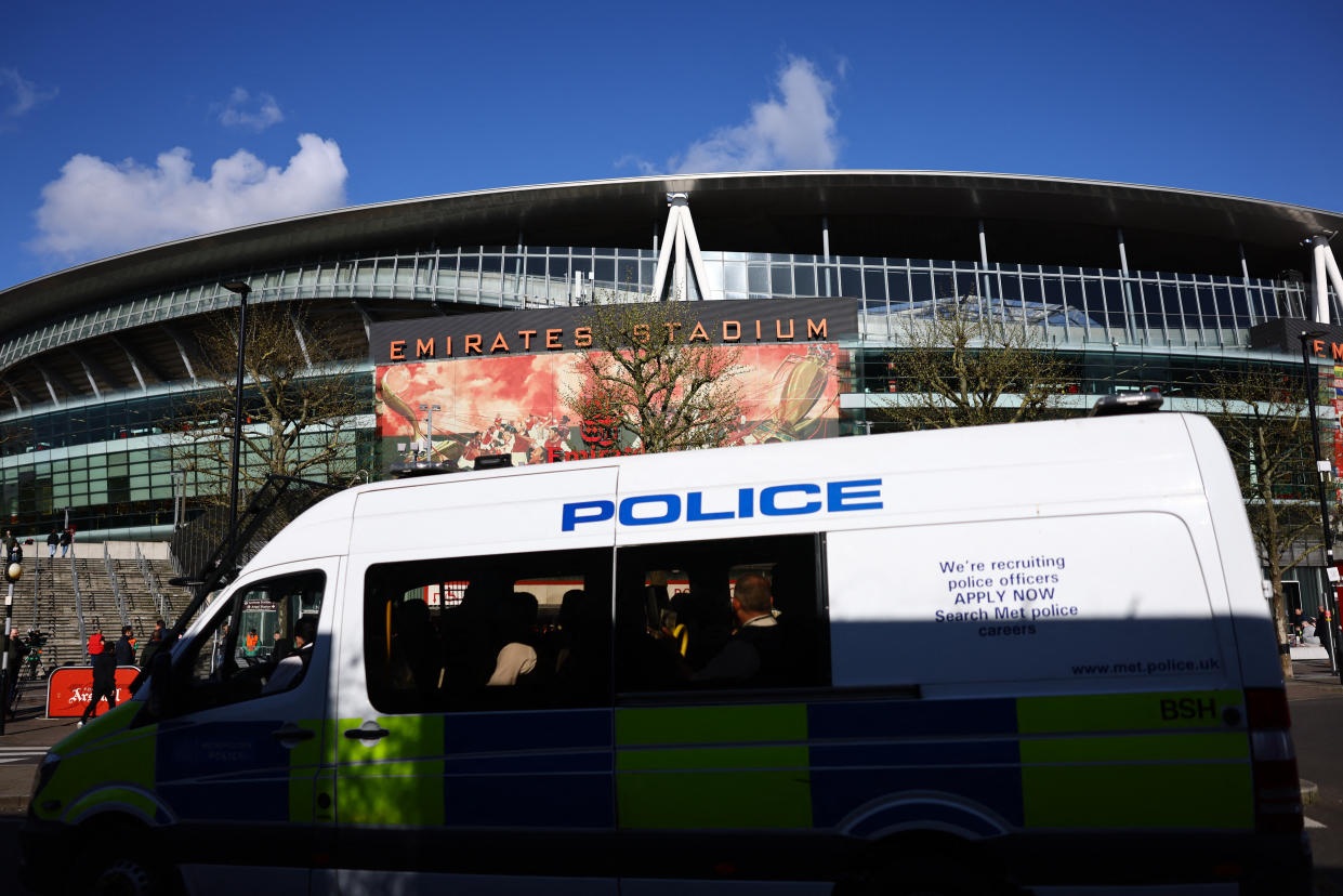 Soccer Football - Champions League - Quarter Final - First Leg - Arsenal v Bayern Munich - Emirates Stadium, London, Britain - April 9, 2024 General view of a police car outside the stadium before the match REUTERS/David Klein