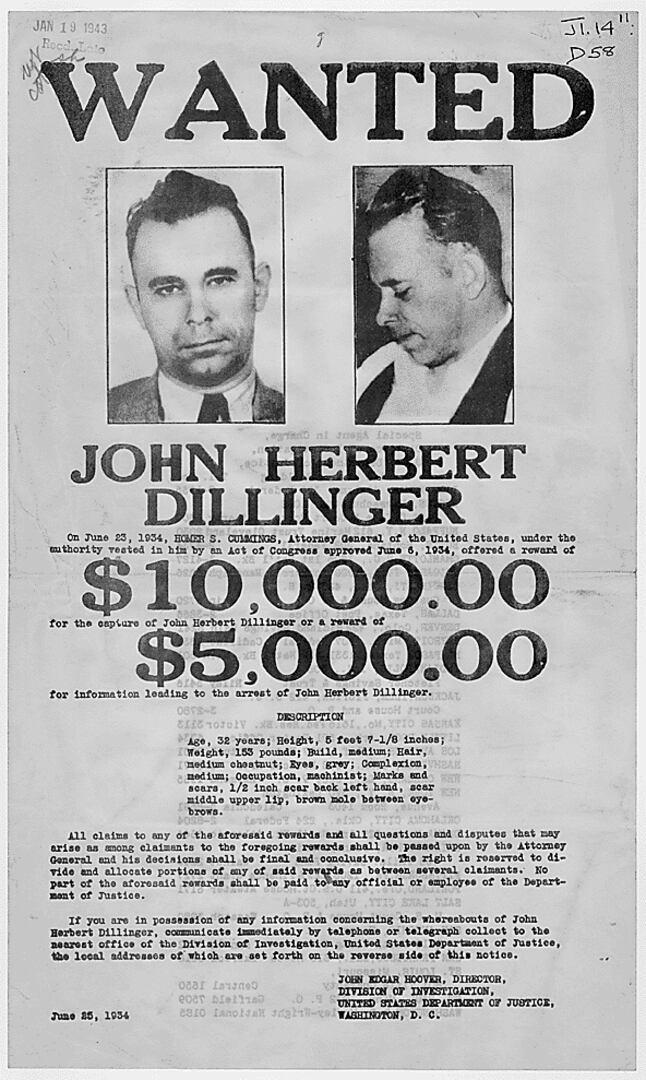 "Enemigo público N° 1": las autoridades norteamericanas ofrecieron recompensas por su paradero y lanzaron una búsqueda desesperada de John Dillinger en 1934