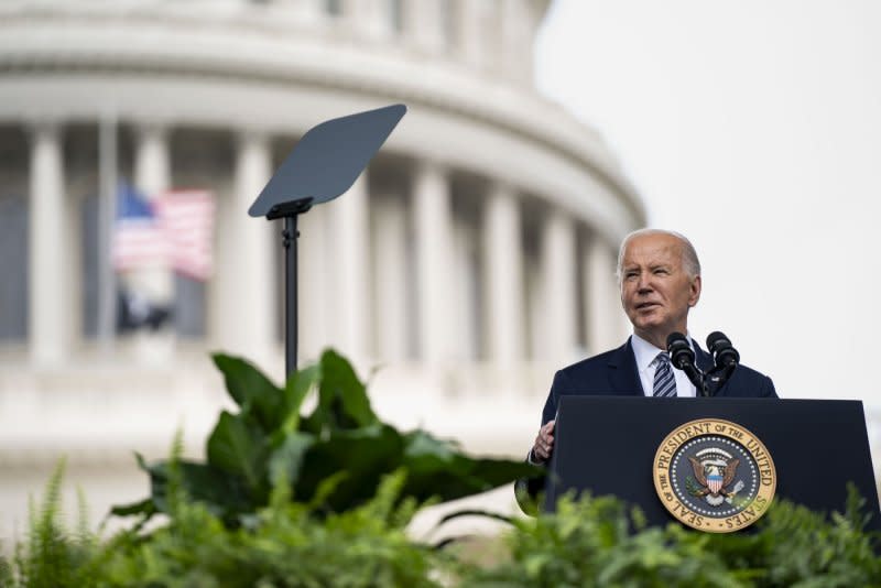 "Every time you put on that shield and walk out of the house, your family wonders if that call will come or if they'll get that terrible call somewhere during the day or night," U.S. President Joe Biden said Wednesday. Photo by Bonnie Cash/UPI