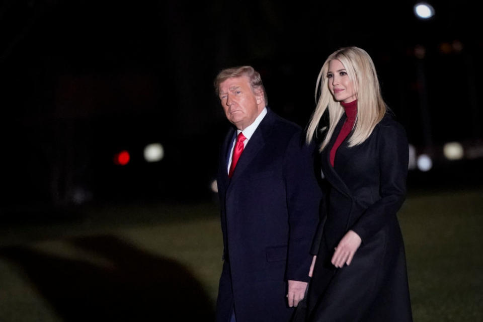 WASHINGTON, DC - JANUARY 04: U.S. President Donald Trump and daughter Ivanka Trump walk to Marine One on the South Lawn of the White House on January 4, 2020 in Washington, DC. President Trump is traveling to a rally in Dalton, Georgia on Monday night to boost support for Republican Senate candidates Sen. Kelly Loeffler (R-GA) and Sen. David Perdue (R-GA). (Photo by Drew Angerer/Getty Images)
 