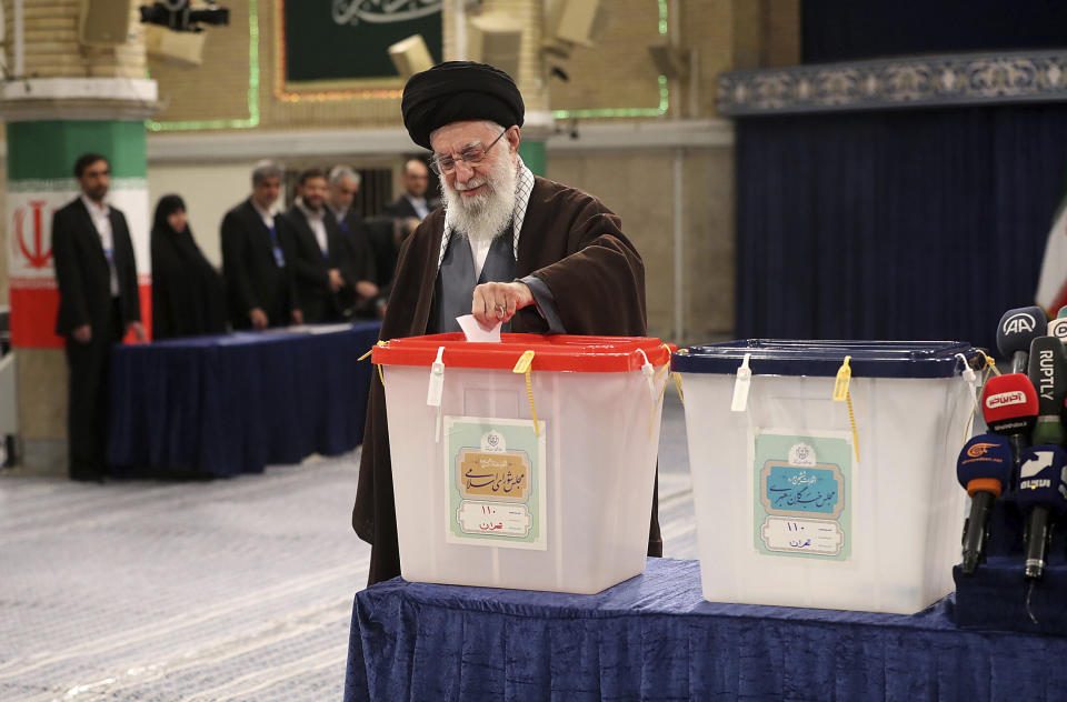 In this photo released by the office of the Iranian supreme leader, Supreme Leader Ayatollah Ali Khamenei casts his ballot during the parliamentary and Assembly of Experts elections in Tehran, Iran, Friday, March 1, 2024. Iran began voting Friday in its first elections since the mass 2022 protests over its mandatory hijab laws after the death of Mahsa Amini, with questions looming over just how many people will turn out for the poll. (Office of the Iranian Supreme Leader via AP)