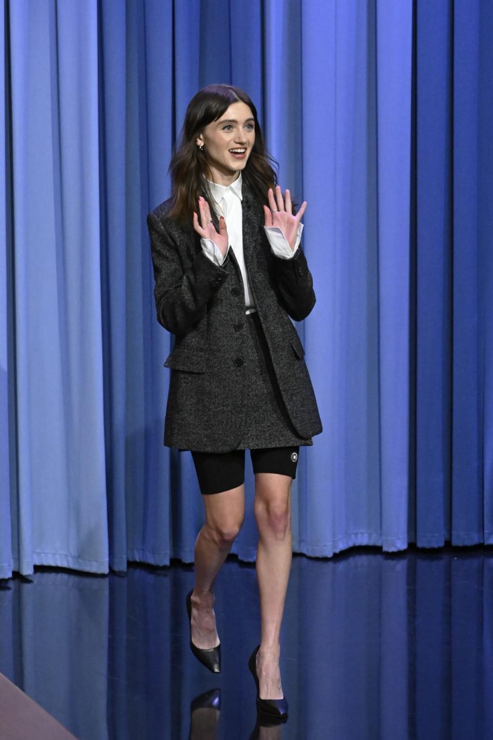 Natalia Dyer Tonight Show Jimmy Fallon Skirt Bike Shorts