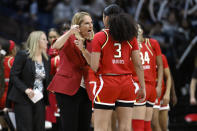 Maryland coach Brenda Frese talks with guard Lavender Briggs (3) during the second half of the team's NCAA college basketball game against UConn, Thursday, Nov. 16, 2023, in Storrs, Conn. (AP Photo/Jessica Hill)