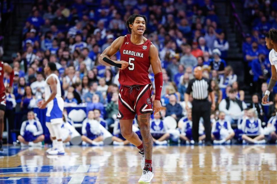 South Carolina guard Meechie Johnson (5) rifled in 26 points and doled out six assists to lead the Gamecocks to a stunning 71-68 upset of Kentucky at Rupp Arena last season. This year, Johnson leads South Carolina in scoring at 17.3 points a game.