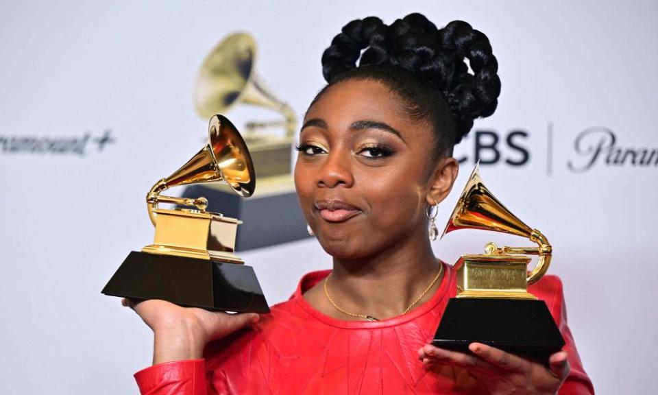 All that jazz … Samara Joy poses with her awards for best new artist and best jazz vocal album for Linger Awhile.