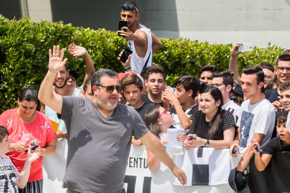 (EDITOR'S NOTE: FILE IMAGE) Soccer agent Mino Raiola has died at the age of 54 in an Italian hospital after battling illness, his family said in a statement on Saturday. -In this file image, Carmine ''Mino'' Raiola,  football agent representing the new player of Juventus Matthijs de Ligt,  greets the fans in front of the J-Medical during her  the medical checks, Turin Italy. (Photo by Mauro Ujetto/NurPhoto via Getty Images)