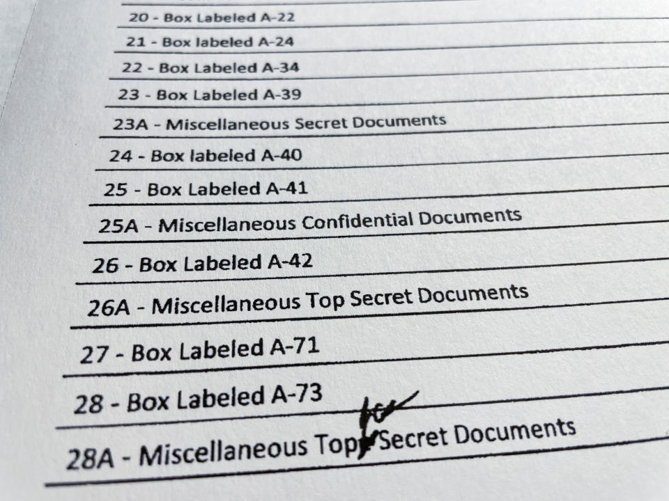 An itemized list of property seized in the execution of a search warrant by the FBI at former President Donald Trump's Mar-a-Lago estate, shows documents listed as 