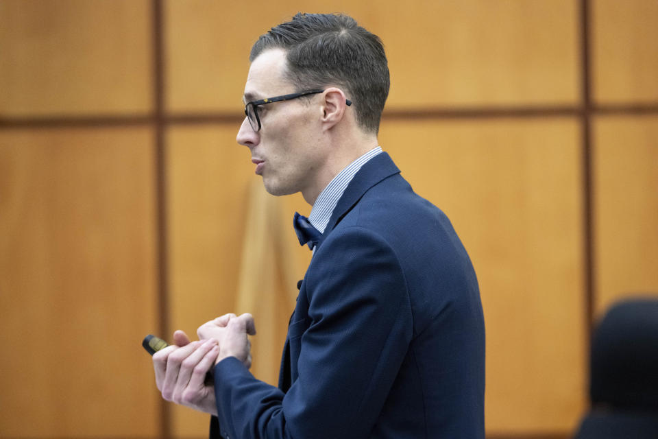 Defense attorney Mark Conrad gives closing arguments in defense of defendant Timothy Rankine during the trial of three police officers in the killing of Manny Ellis at Pierce County Superior Court, Wednesday, Dec. 13, 2023, in Tacoma, Wash. Tacoma Police Officers Christopher Burbank, Matthew Collins and Timothy Rankine stand trial for charges related to the March 2020 killing of Manny Ellis. (Brian Hayes/The News Tribune via AP, Pool)