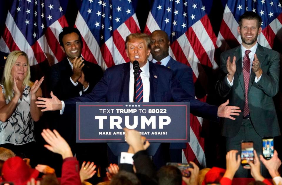 PHOTO: Republican presidential hopeful and former President Donald Trump speaks during an Election Night Party in Nashua, N.H., Jan. 23, 2024.  (Timothy A. Clary/AFP via Getty Images)