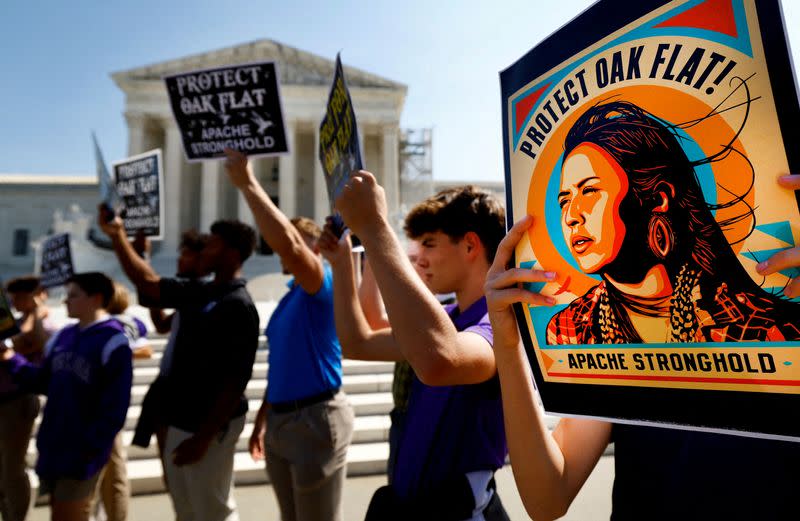 FILE PHOTO: Members of the Native American group Apache Stronghold gather outside the court in Washington