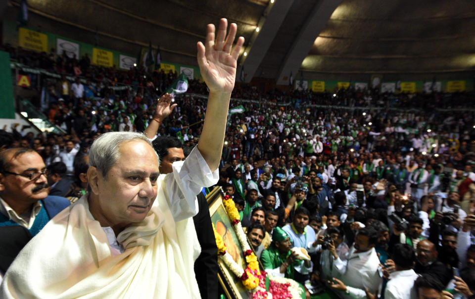 NEW DELHI, INDIA - JANUARY 8: Biju Janata Dal (BJD) President and Odisha Chief Minister Naveen Patnaik waves during the sit-in protest to demand an increase in the minimum support price (MSP) for paddy, at Talkatora Stadium, on January 8, 2019 in New Delhi, India. (Photo by Sonu Mehta/Hindustan Times via Getty Images)